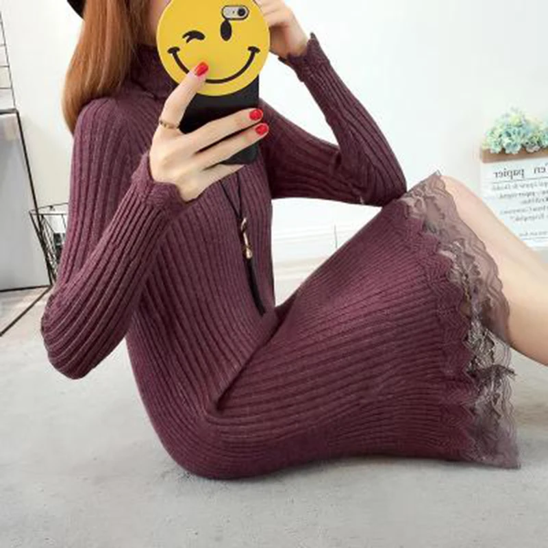 Женское трикотажное платье с высоким воротником и длинным рукавом | Женская