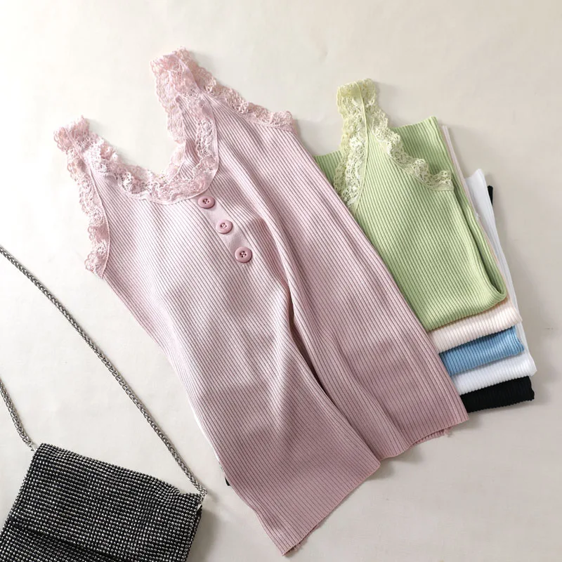 2019 Сексуальная Базовая кружевная майка Летний вязальный резервуар Топ женский