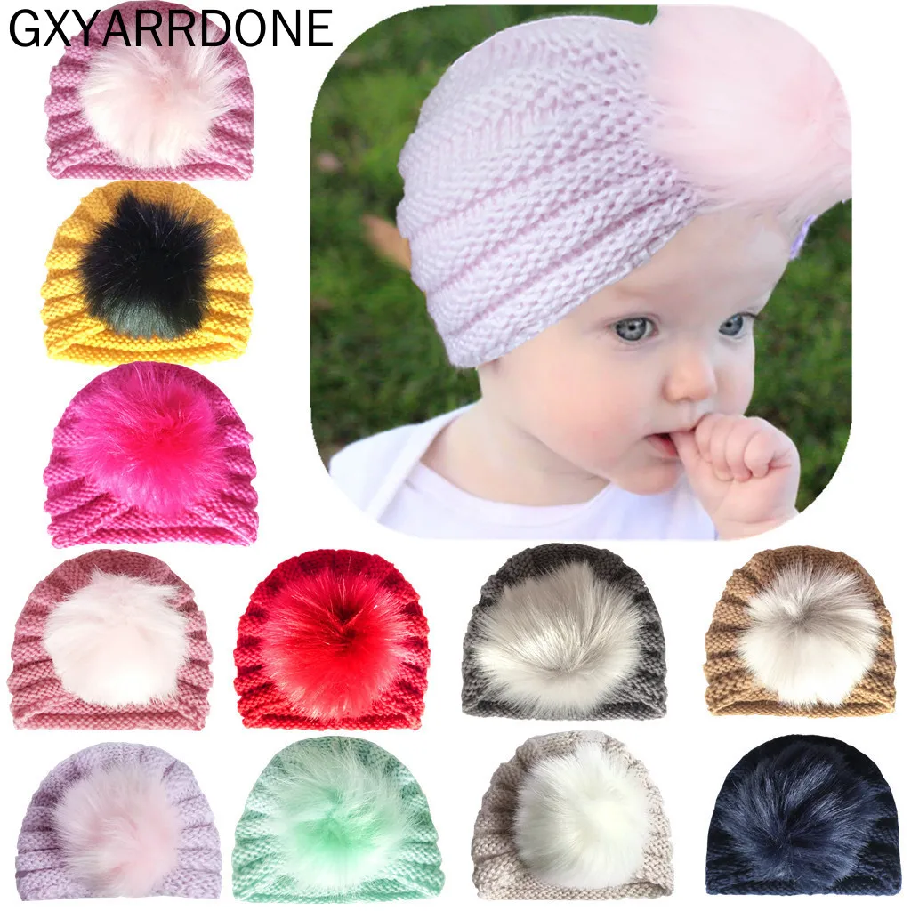 2019 модная детская зимняя меховая шапка вязаная для девочек облегающая Детская