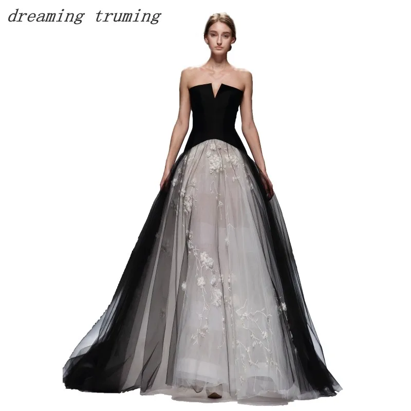 Винтаж готика черный свадебное платье бальное с аппликацией кружева без