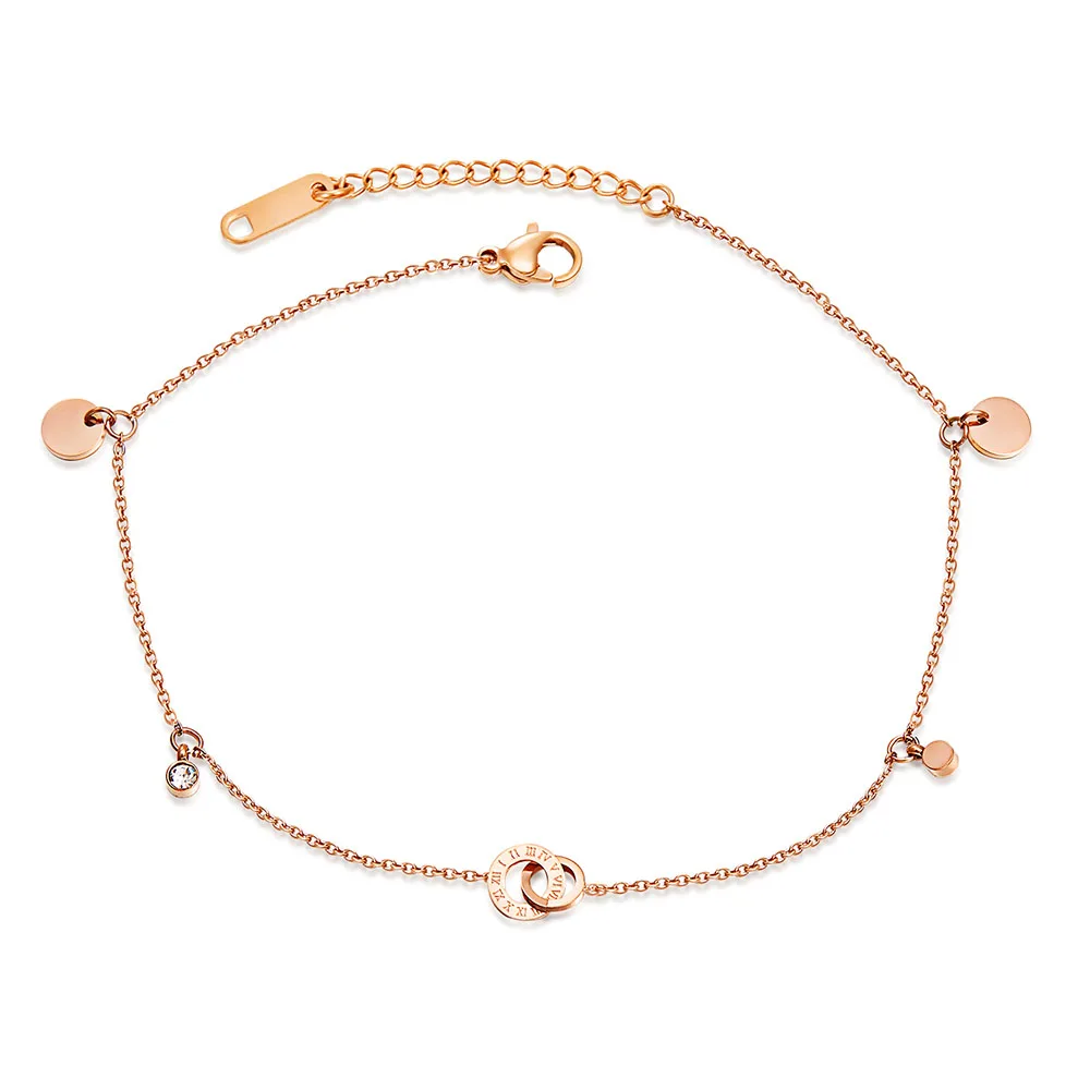 Lokaer Titanium Steel Bohemia Beach Chain& Link Anklets For Women Girls Trendy CZ Crystal Roman Numerals Charm Anklet OGZ083 - Окраска металла: Покрытие из розового золота
