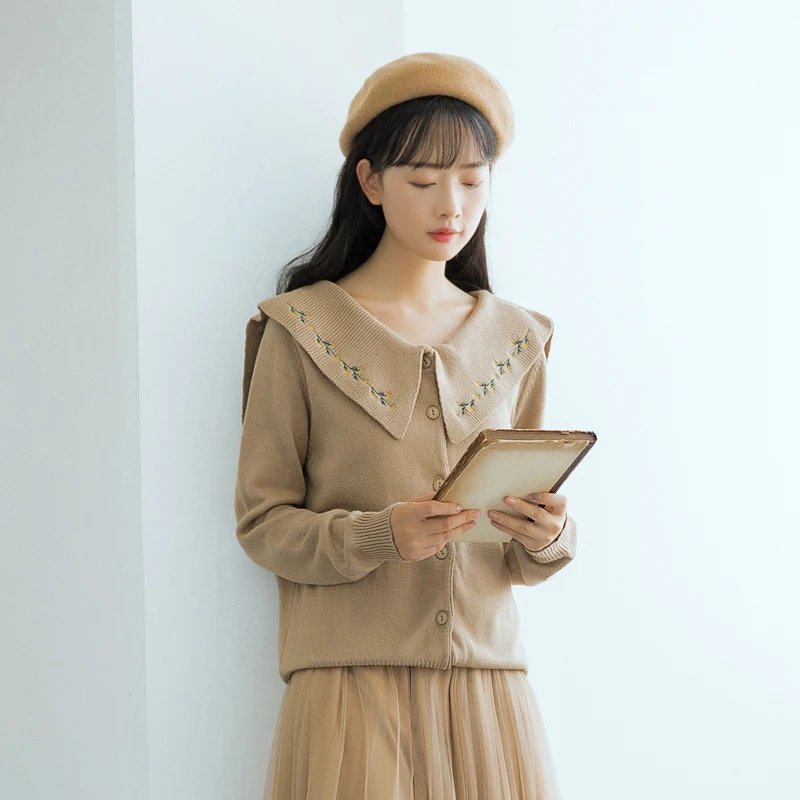 Mori Girl Chic Women Elegant Cardigan Peter Pan Collar Floral Embroidery Lady Casual Sweater Autumn Winter Kawaii Knitting Coat |