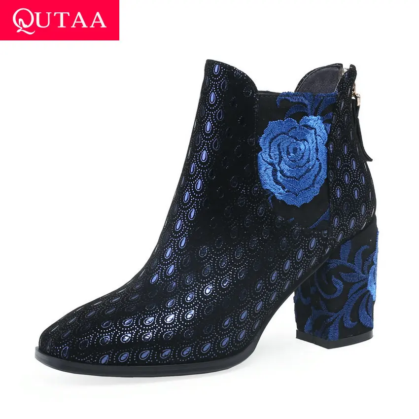 Женские ботинки на молнии QUTAA осенне зимние из овчины с квадратным носком и