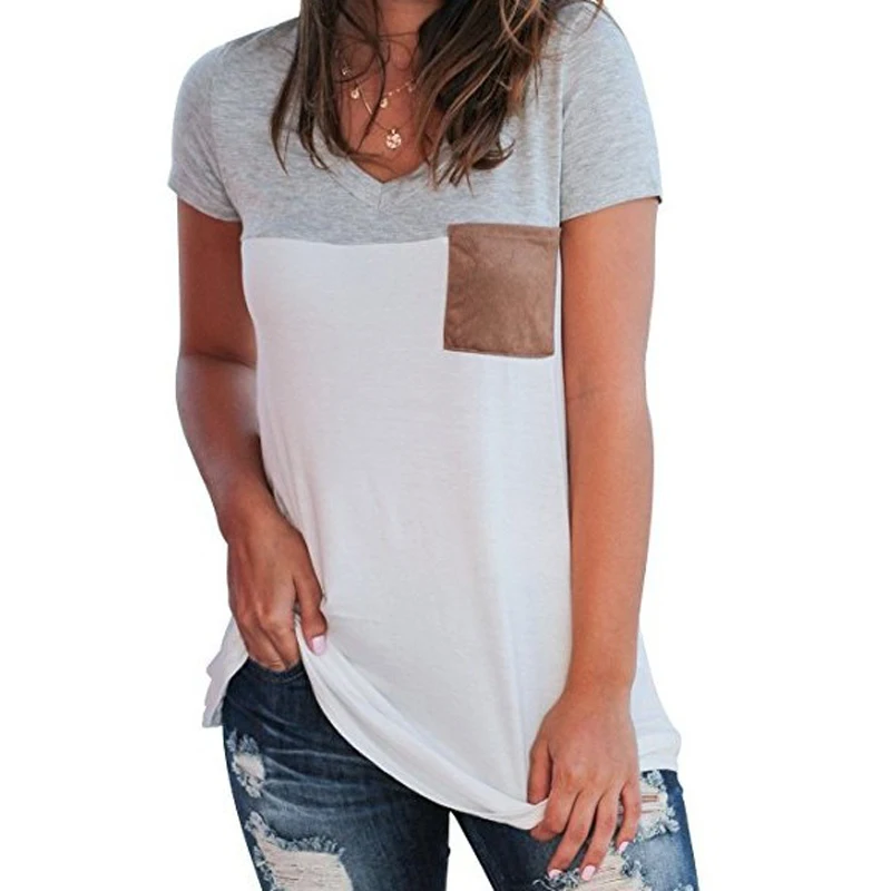 5xl Women 2018 New Summer Fashion T-shirt V-Neck Short Sleeve Patchwork Pocket Loose T shirts Female Casual Tops Tees plus size | Женская