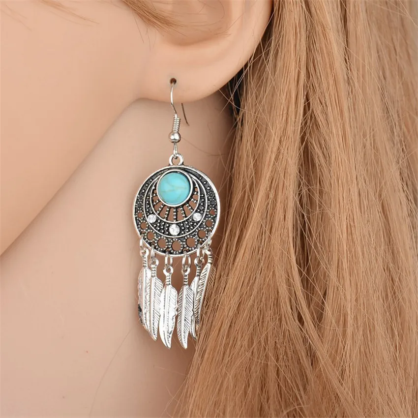 Vintage Silver Hollow Plant Feather Drop Earrings For Women 2018 New Jewelry Bijouterie | Dangle