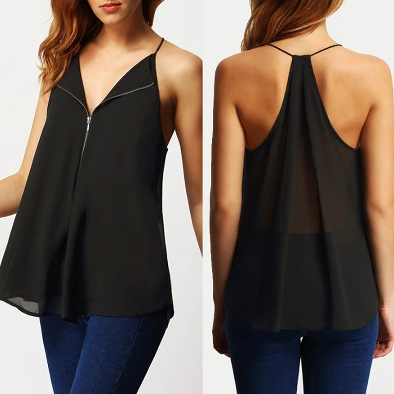 2019 Слинг без рукавов лоскутные рубашки на молнии летние сексуальные женские топы