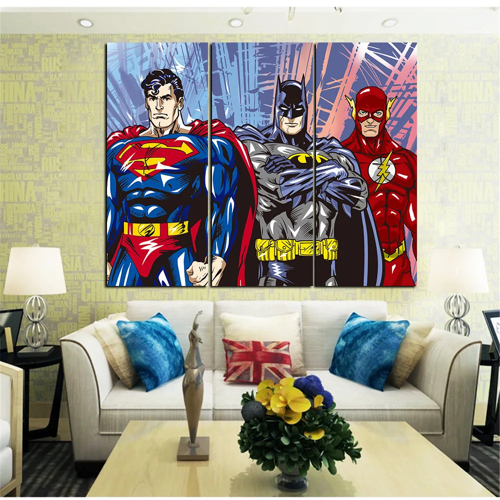Прямая доставка 3 шт. холсте стены искусства абстрактный Супермен вспышки Бэтмен