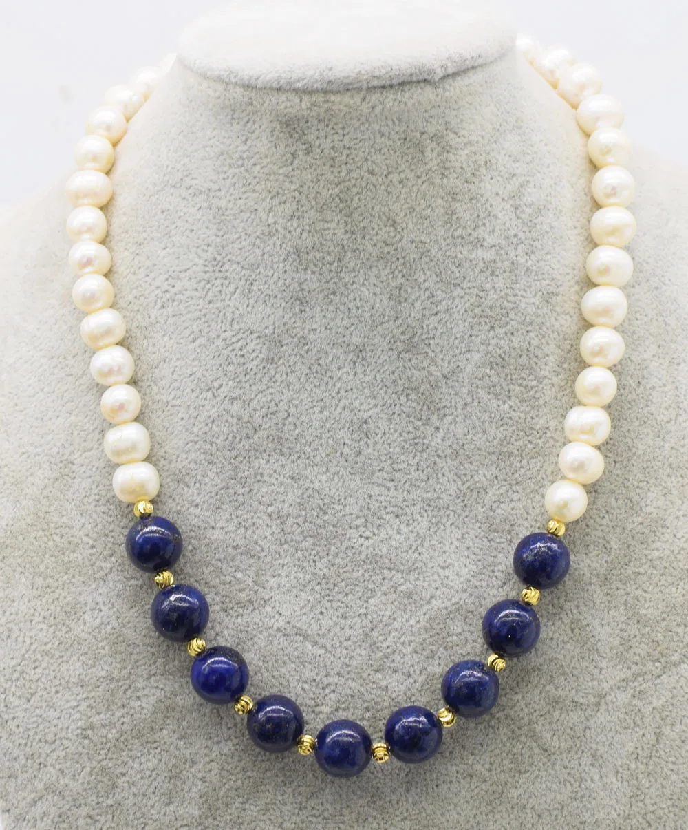 

freshwater pearl near round blue lapis round 12mm necklace 18inch wholesale nature beads FPPJ gemstone