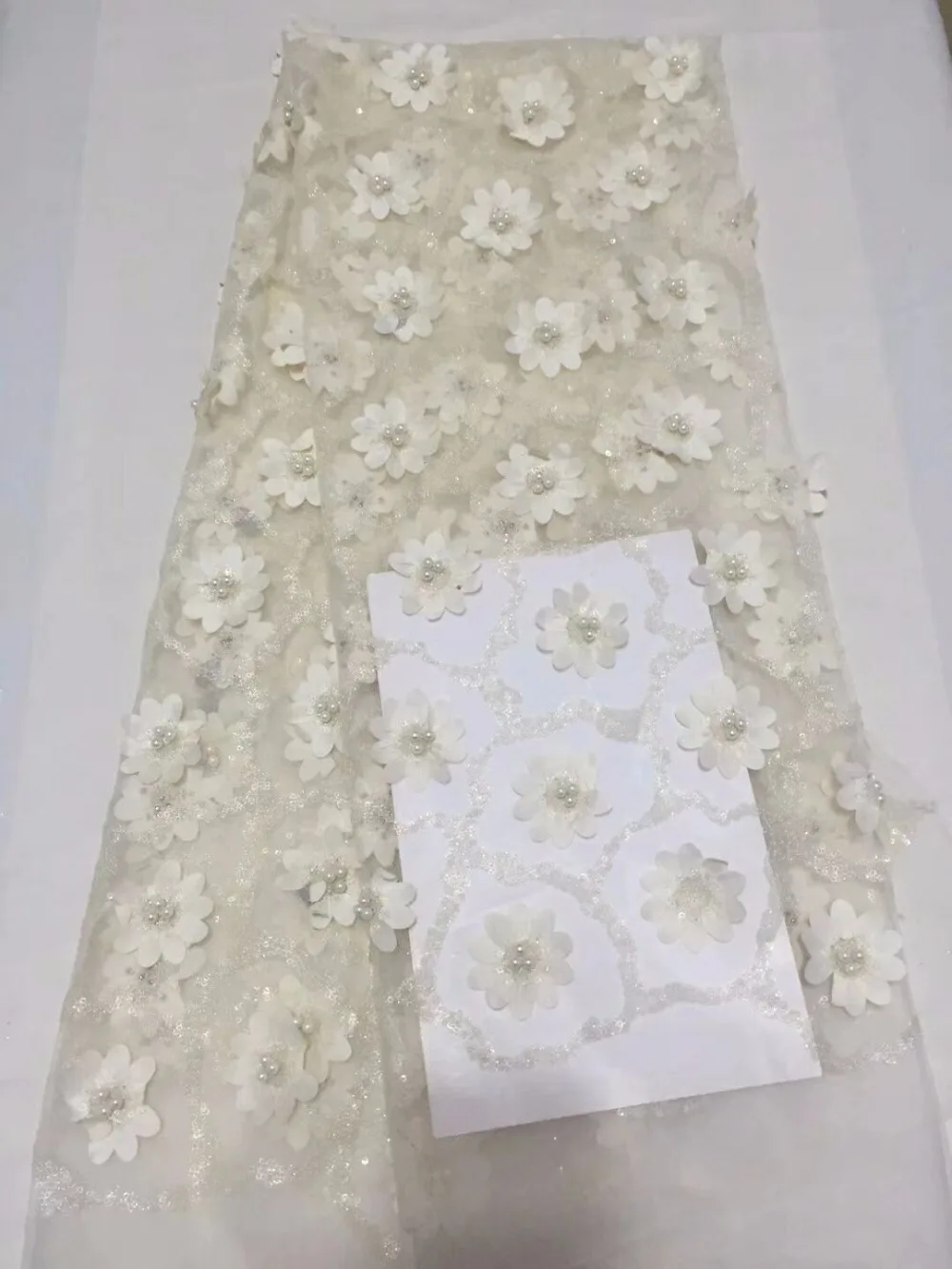 

African French net lace fabric beaded 3D flowers appliqued tulle lace fabric for wedding dress CDN54