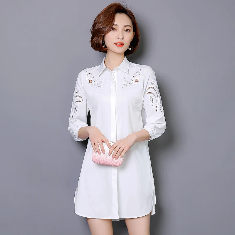 2017 plus size woman clothes fashion office lady long sleeves cotton hollow out lace blouse shirt for 47.5-100kg femme |