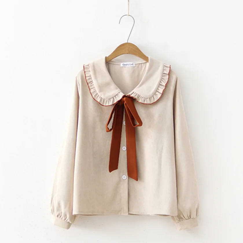 Beige Г., новая однотонная блузка на пуговицах с рюшами рубашка с длинными рукавами и круглым отложным воротником, на шнуровке, с лентой милый топ свободного размера плюс для девочек, T93904F - Цвет: Beige