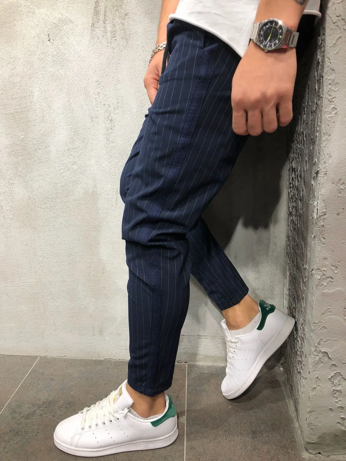Мужские модные обтягивающие полосатые длинные брюки Slim Fit прямые повседневные