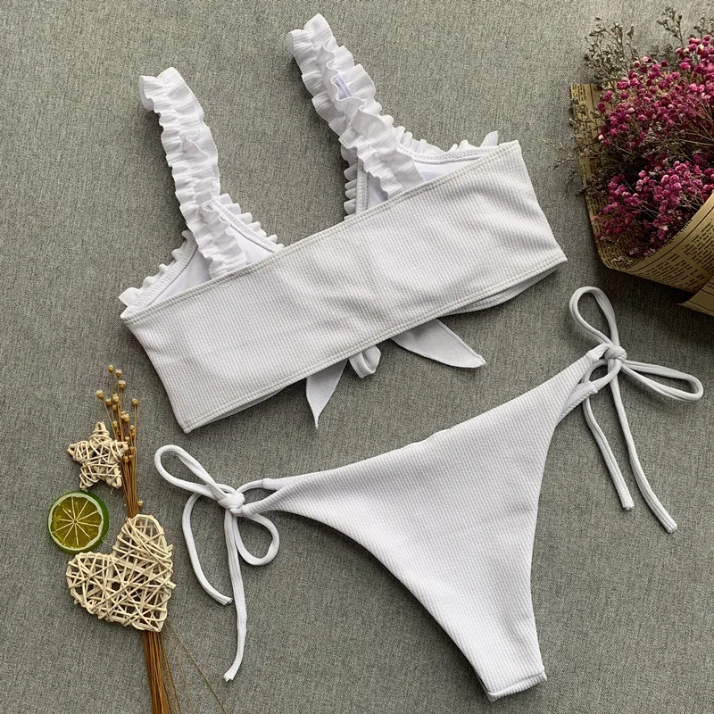 Однотонное Плиссированное Бандажное бикини с оборками и бантиком пуш-ап