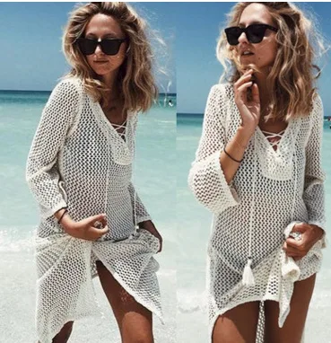 white Saida De Praia, летняя пляжная одежда, платье, туника, парео для женщин,, юбка, Вязанная, открытая, бандажная, длинная, кафтан, Пляжная накидка - Цвет: white