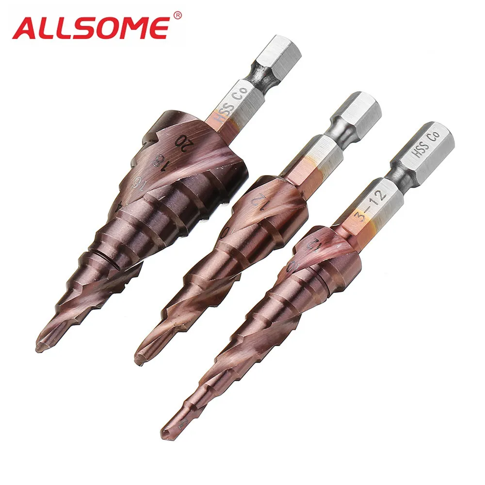ALLSOME 3 шт. M35 кобальтовое ступенчатое сверло 3-12/4-12/4-20 мм ступенчатое сверло 1/4 дюйма с шестигранным хвостовиком HT2193