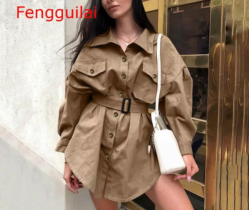 Женское винтажное платье туника длинное офисное рубашка цвета хаки с рукавом