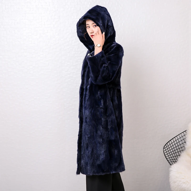 Navy blue Новинка, Женское пальто из натурального меха норки, длинная куртка с капюшоном - Цвет: Navy blue