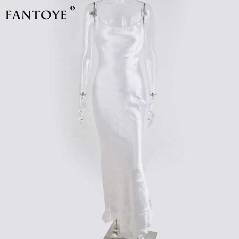 White Женское атласное платье-комбинация Fantoye, золотистое длинное платье на тонких бретельках с открытой спиной, элегантное вечернее шелковое платье макси, для ношения осенью - Цвет: White