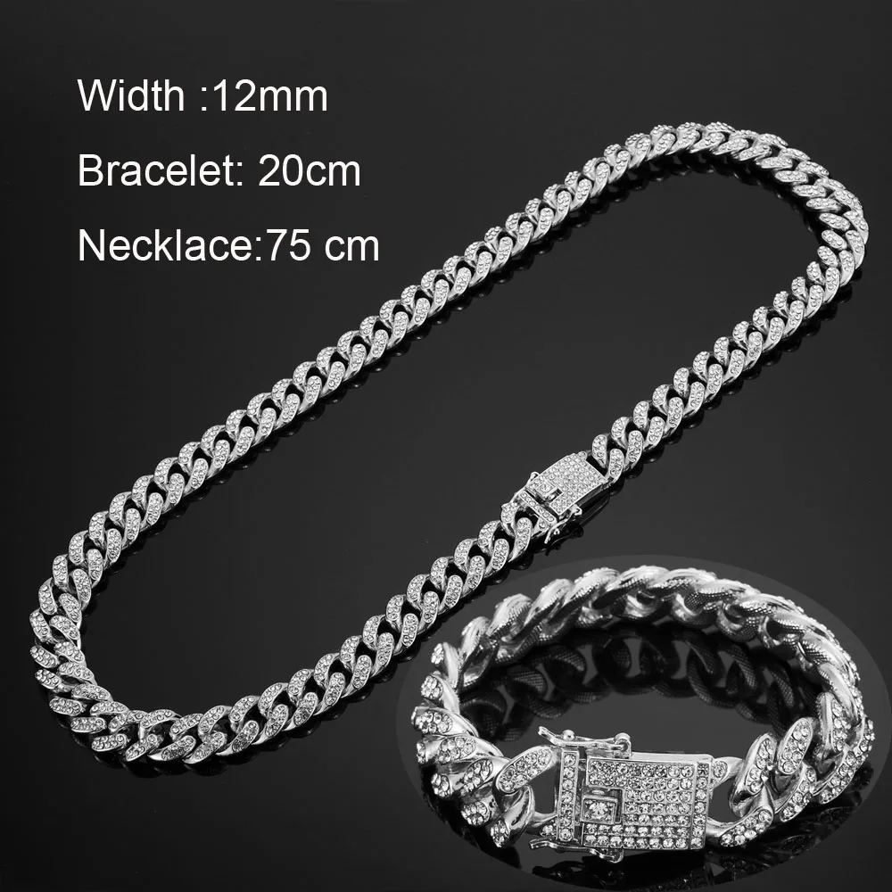 Хип-хоп Полный Bling CZ кубический цирконий Ювелирные наборы Золото Серебро кубинская цепь звено ожерелья шкатулка для браслетов застежка наборы миамский Кубра - Окраска металла: Silver 20 75