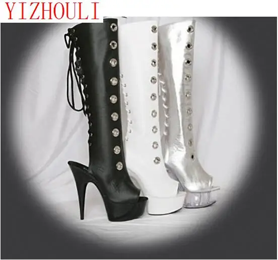 15cm Fashion knight female platform ladies high heel knee high boots woman open toe shoes pu strappy boots clubbing high heels