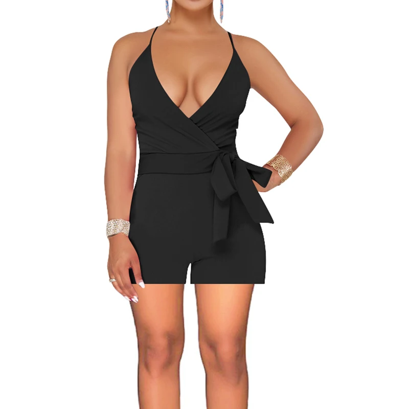 Женский комбинезон однотонный с бантом и поясом v-образный вырез короткие