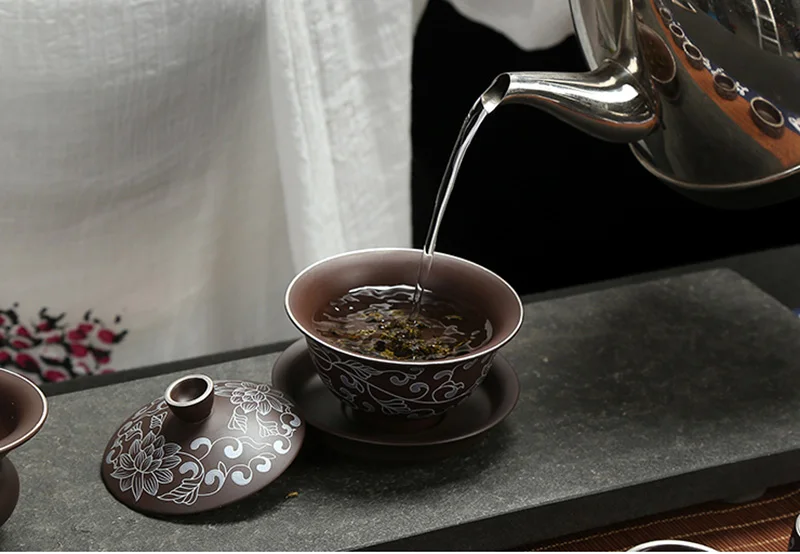 140 мл аутентичный Yixing Gaiwan Винтаж Ручная роспись пион фиолетовая глина чайный