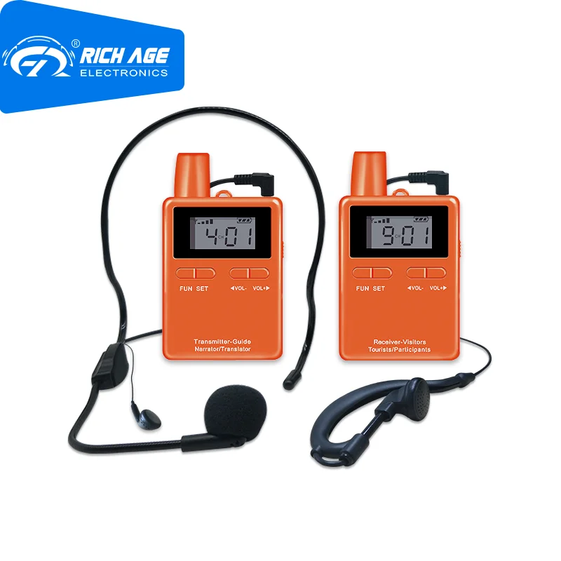 저렴한 RichiTek-라디오 투어 가이드 시스템 이어폰, 2 송신기 + 8 수신기, Hajj 및 Umrah 용, 콘덴서 마이크 포함