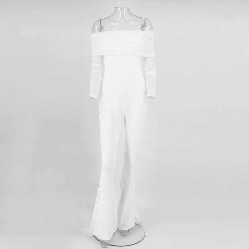 EvaQueen осенне-зимний женский белый элегантный длинный комбинезон облегающий
