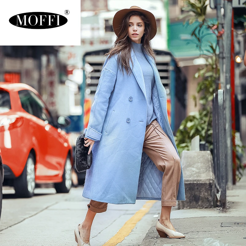MOFFI женское небесно голубое шерстяное пальто модное с отложным воротником 165253|blue