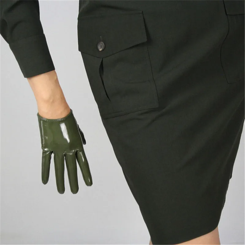 16cm army green Женские перчатки из лакированной кожи пу, женские перчатки армейского зеленого цвета, искусственная кожа, яркая кожа, Танцевальная вечеринка, косплей, P1370-10 - Цвет: 16cm army green