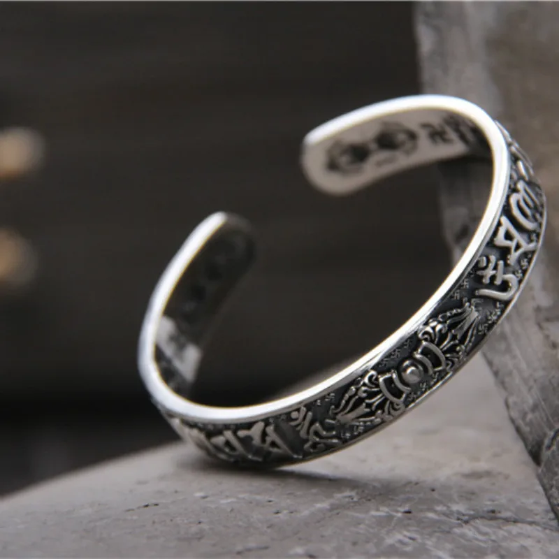 

Real Pure 925 Sterling Silver Mantra Bangles For Men And Women Sanskrit Om Mani Padme Hum Vintage Buddhism Jewelry