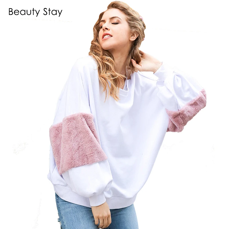 BeautyStay Loose Faux Fur Women Hoodies Sweatshirs Autumn Winter Long Sleeve Pullover Girl Oversize Patchwork Female Sweatshirt | Женская
