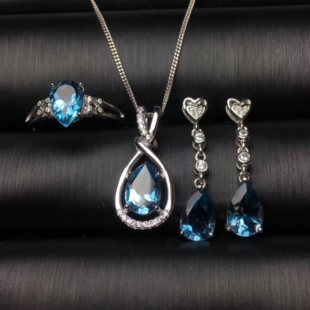 

Elegant water drop Natural blue topaz gem ring earrings Pendant Natural Gemstone Jewelry Set 925 Silver Women party gift jewelry