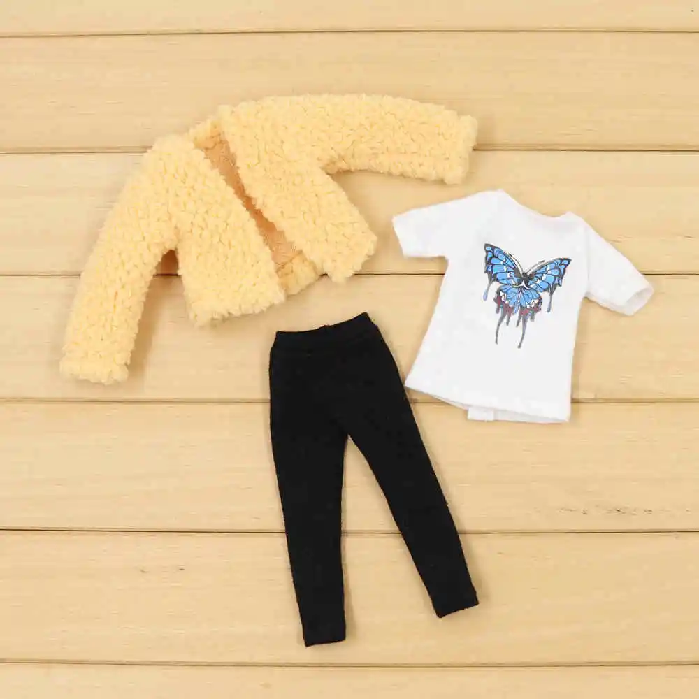 Yellow Одежда для 1/6 года, милая плюшевая куртка Blyth doll с белыми черными брюками с короткими рукавами, подарок для девочки, ледяная игрушка BJD - Цвет: Yellow