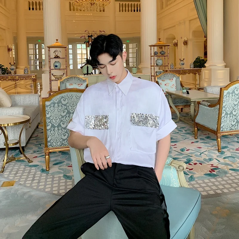Повседневные рубашки с карманами и блестками повседневные мужские коротким