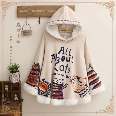 Harajuku Милая женская накидка, пальто с рисунком кота из мультфильма, японский MORI GIRL, зимняя толстовка с капюшоном, топы, плащ - Цвет: Beige Thick