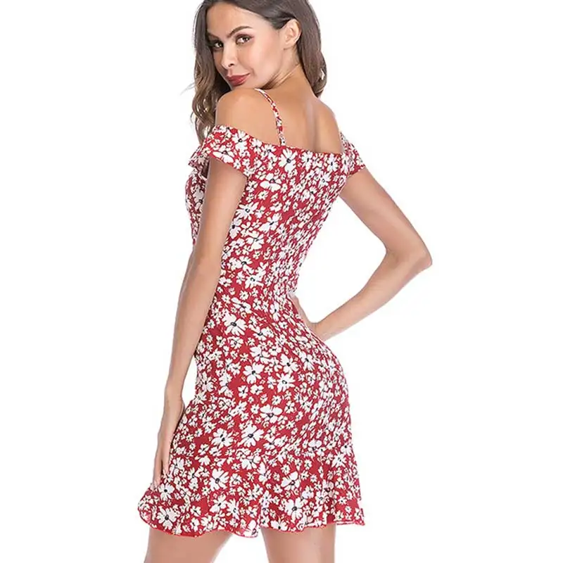 QLuoYi Для женщин 2018 Новый Off Shoulder Ruffle летнее платье синий слинг Шифон Пляж Boho