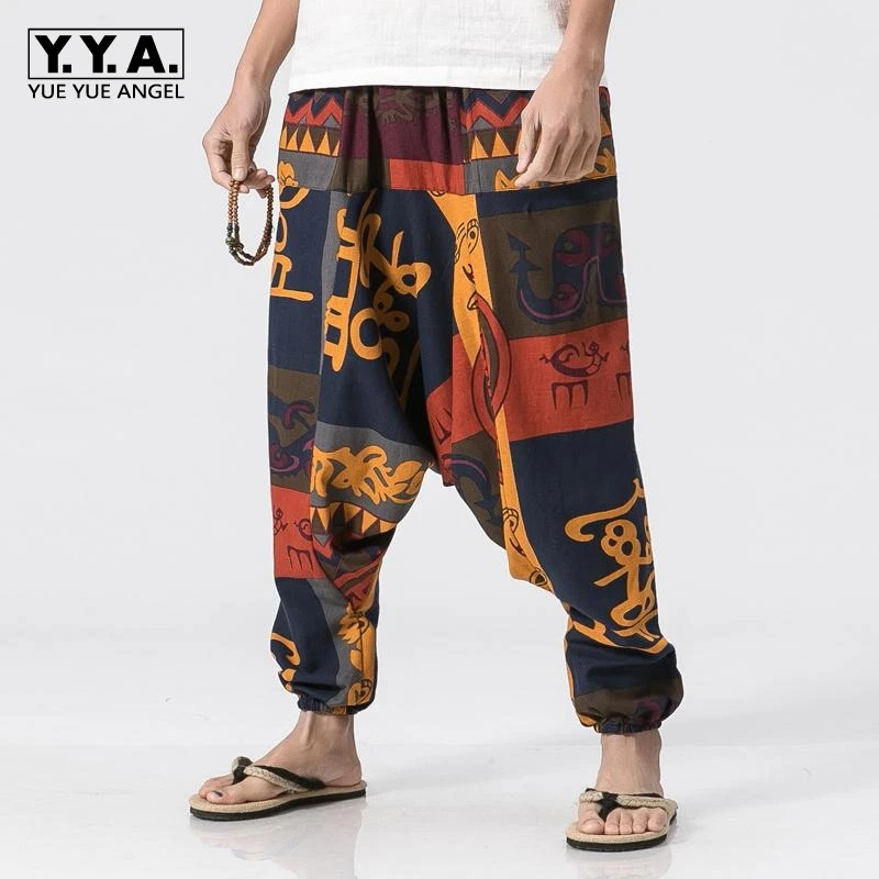 

Linen 2021 New Fashion Mens Hip Hop Harem Pants Chinese Style Lighweight Elastic Waist Male Printed Crotch Pants Plus Size XXXL