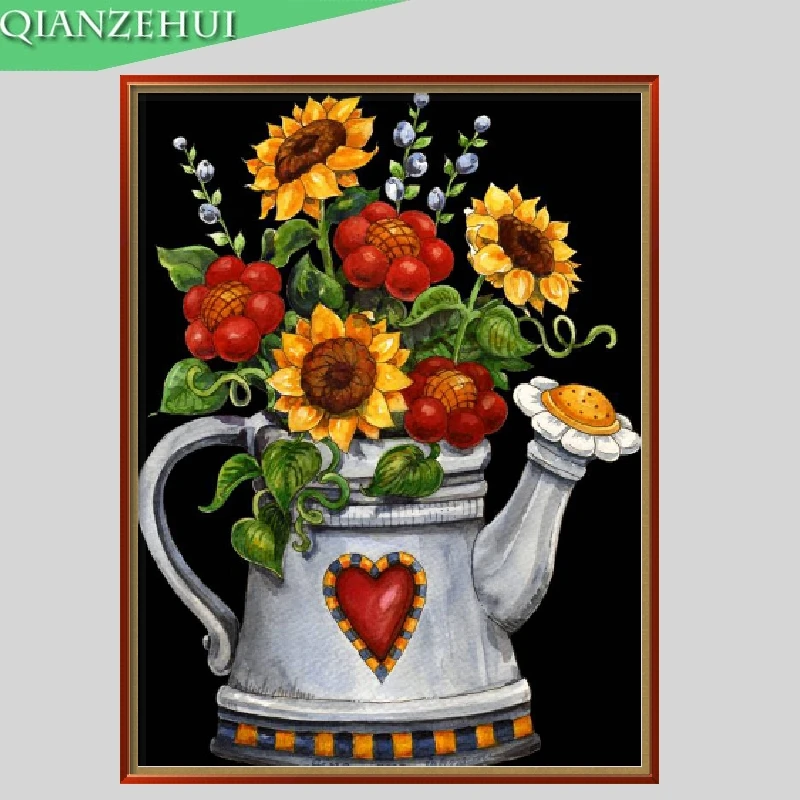 QIANZEHUI DIY Стразы пластиковые изделия Алмазное Рисование Подсолнечник в чайнике