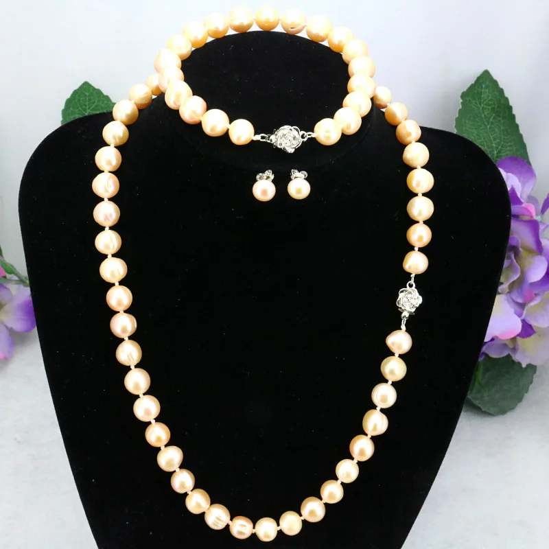 

Pink pearl necklace set 8-9mm flower button necklace 18" bracelet 7.5" earrings 2 piece/lot women suitable for gathering place