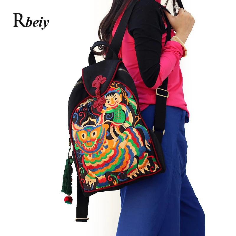 Fashion vintage women backpack canvas embroidered backpack brand travel backpack