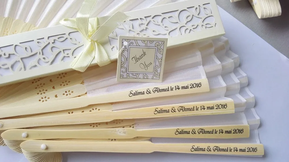 

50pcs/lot Personalized Luxurious Silk Fold hand Fan in Elegant Laser-Cut Gift Box +Party Favors/wedding Gifts+printing