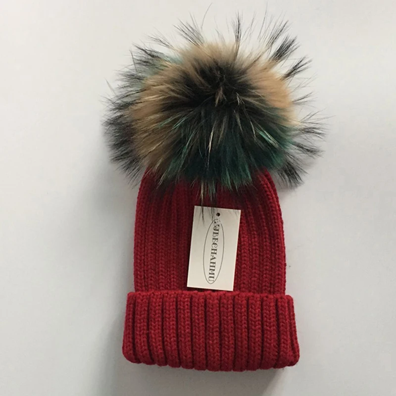 Women Claret Модная новинка, помпоны из натурального Лисьего меха и норки, 15 см, Skullies Beanies, шапки для женщин и девочек, зимние шапки, детские шапки, шапка - Цвет: Women Claret