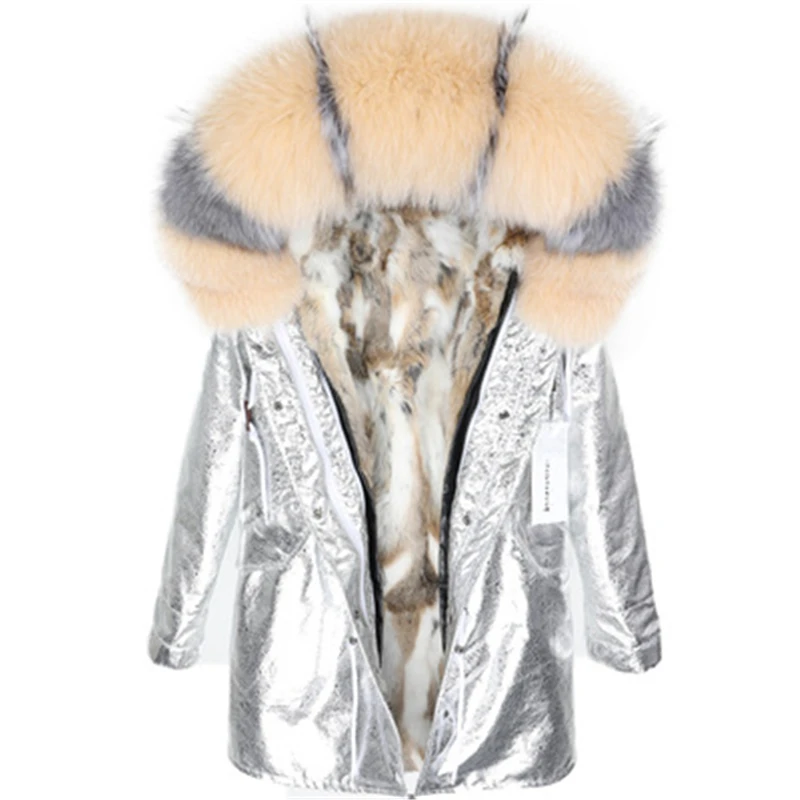 2019 Модный женский зимний жакет Подклад мех кролика Пальто Воротник лисы Капюшон
