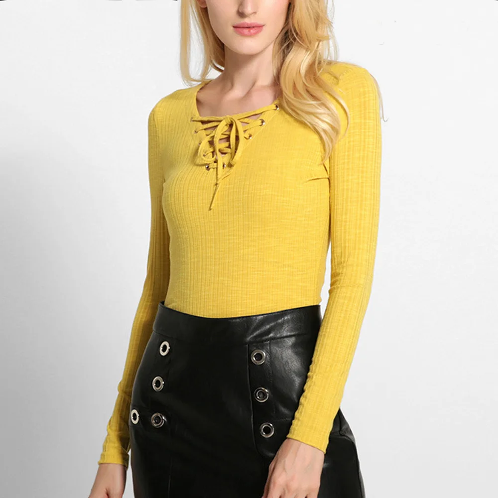 Lace up knitted sweater sexy v-neck long sleeve pullovers ladies casual hollow out sweaters WN181 | Женская одежда
