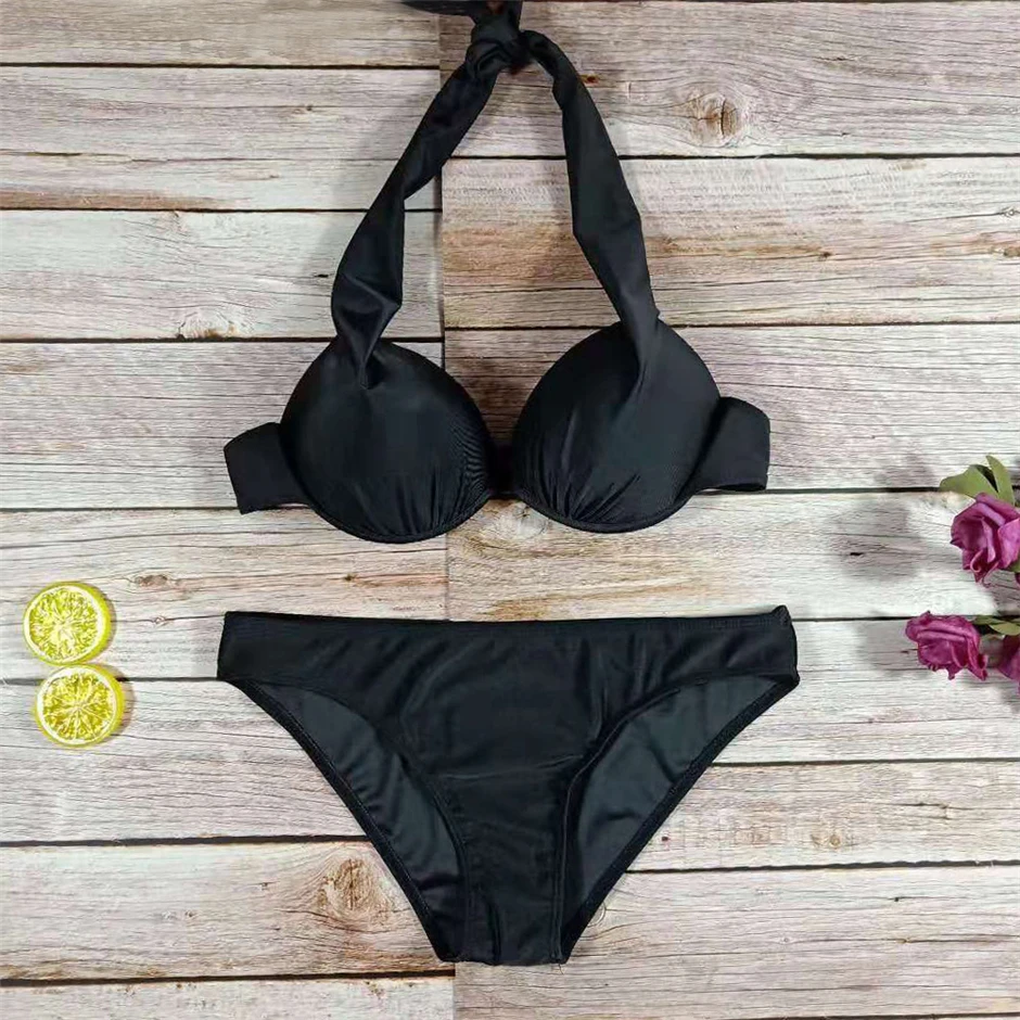 Женский сексуальный купальный костюм однотонный комплект бикини пуш-ап с лямкой