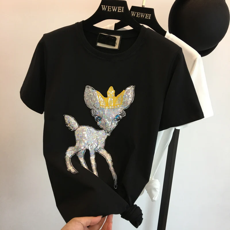 Sanishroly 2018 Модные женские летние футболки повседневные с блестками и оленем