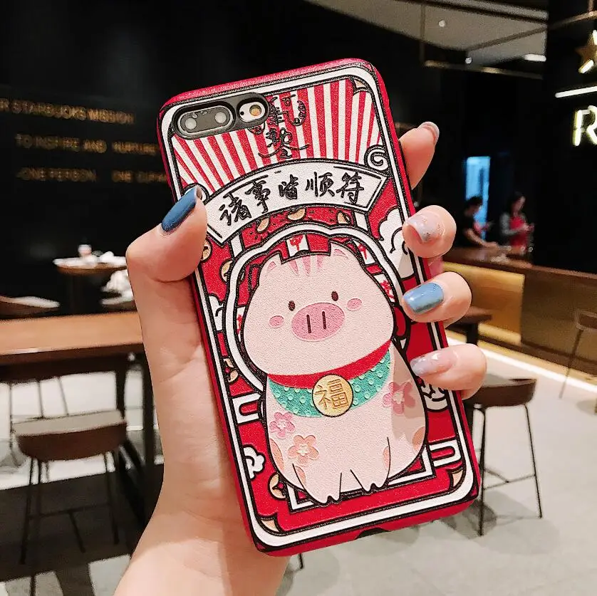Милый 3D рельефный чехол с изображением из мультфильма Lucky Cat, богатая свинья, мышь, чехол для телефона для iphone 11 Pro xs max XR X 10 8 7 6 6S Plus, мягкая задняя крышка - Цвет: jieshun