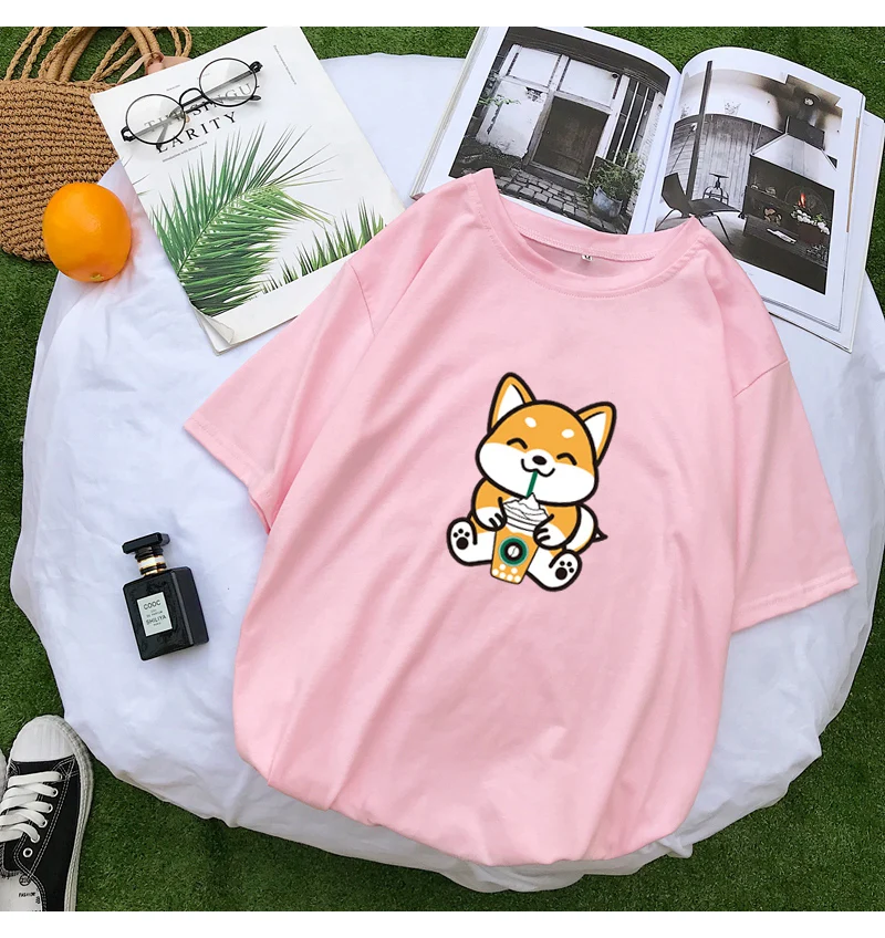 Женская футболка в стиле Харадзюку, Повседневная Kawaii, забавная футболка Шиба, хлопковые топы, футболка с коротким рукавом, женская уличная свободная Корейская одежда