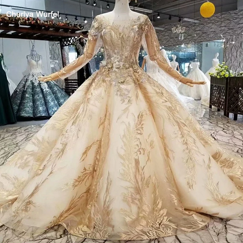 LS486321 шампинь бальное платье вечернее с длинными рукавами из тюля и круглым